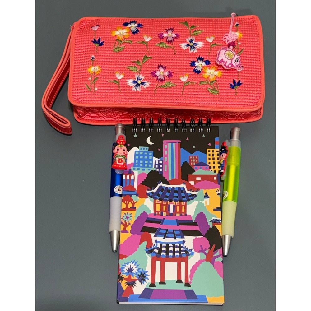 Korean Souvenir Set Embroidered Floral Pouch Notebook 2 Hanbok Character Pens